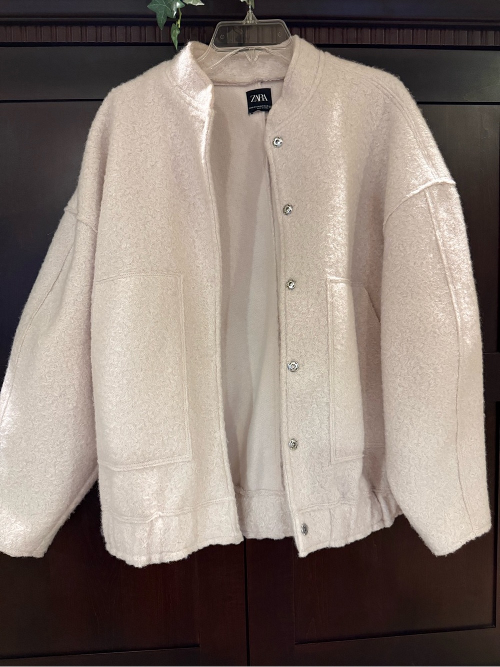Zara Oversized Cream Bouclé Snap-Front Jacket